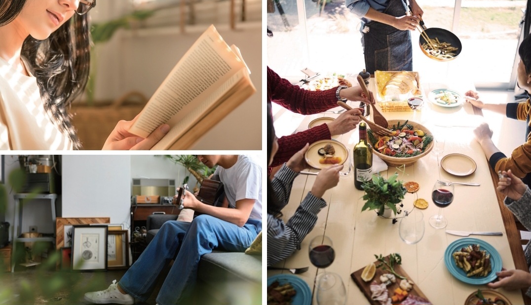 読書をする女性、ギターを弾く男性、少人数で食事を楽しんでいる人たち